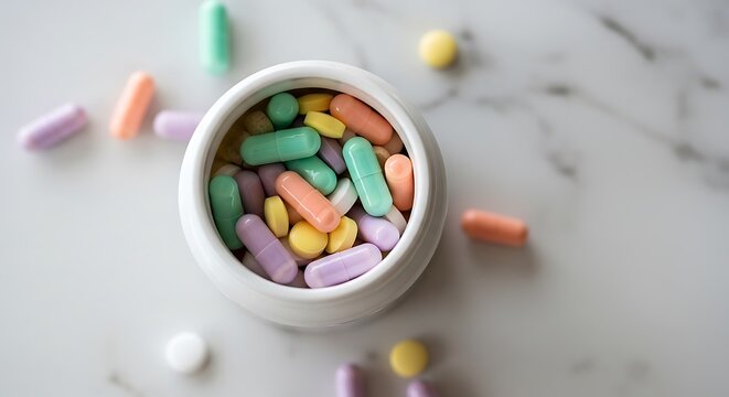 A delightful array of pastel pills and capsules spills from a pristine white container,A calming collection of colorful medication resting on a cool marble surface