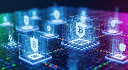 Cryptocurrency security, digital cubes, glowing symbols