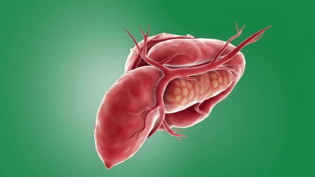 Anatomical 3D render of a human liver and pancreas on a green screen background, concept for medical illustration, pharmaceutical advertising and educational resource.