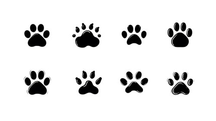 Black paw print icons in simple flat style for pet themes animal care or tracking design