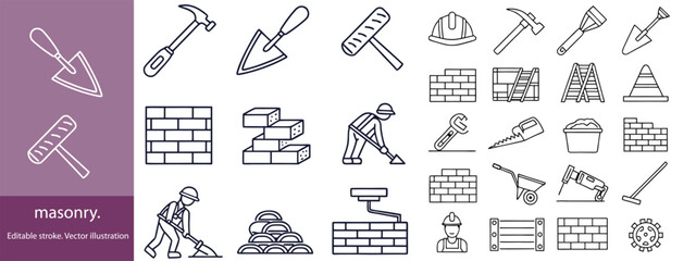 Set of 30 outline icons related to masonry. Linear icon collection. Editable stroke. Vector illustration