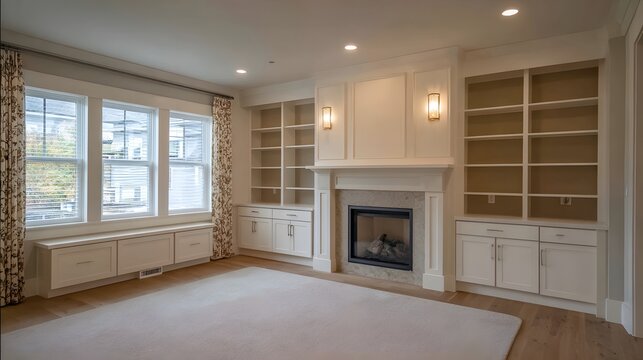 Bright Living Room with Built In Shelves and Fireplace
