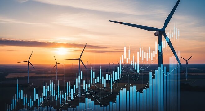 Wind Energy Investment Growth: Windmills at Sunset with Financial Chart Overlay, Sustainable Energy, Clean Energy Growth, Investment Analysis, Economic Growth Illustration