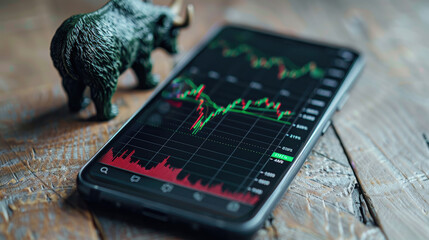 Flat lay of smartphone with stock trading app displaying green and red graphs, mini bull and bear figurines on screen, representing financial market trends, trading investment concept banner