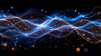Dynamic blue and orange digital waves shimmer with glowing particles, abstract futuristic data flow