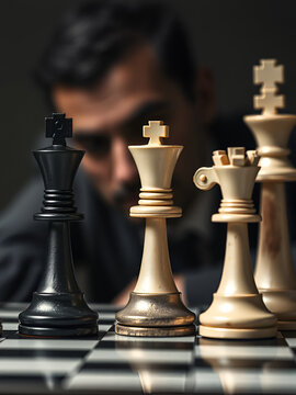 Selective focus of black and white chess king with fake cash insight. Kingmaker and cash is king concept.
