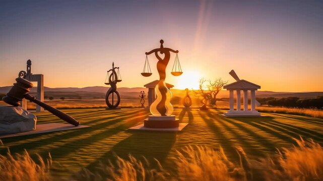 Symbols of Law and Justice at Sunset: Gavel, Scales, and Scrolls in a Golden Field