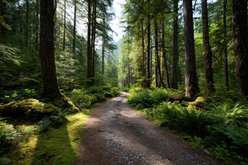 Naklejka premium explore enchanting forests of oregon during summer where sunlight filters through lush canopy and illuminates