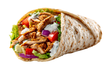  A photograph of the same chicken shawarma wrap, isolated on a Transparent background PNG