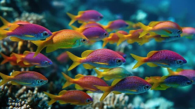 Colorful reef fish swimming among coral