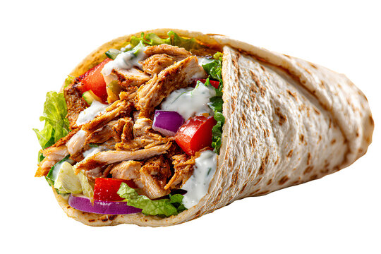  A photograph of the same chicken shawarma wrap, isolated on a Transparent background PNG
