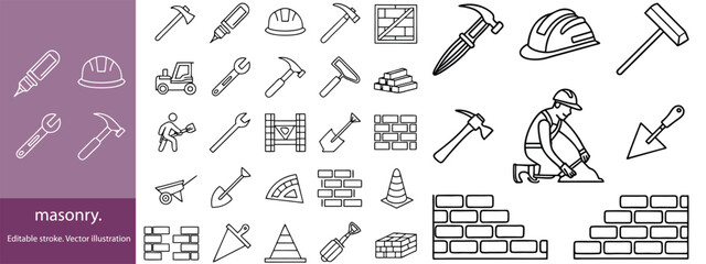 Set of 30 outline icons related to masonry. Linear icon collection. Editable stroke. Vector illustration