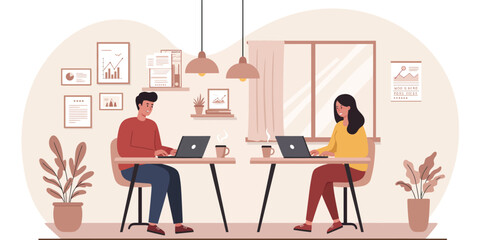 Man and woman working on laptops at desks with plants and charts in a room illustration people