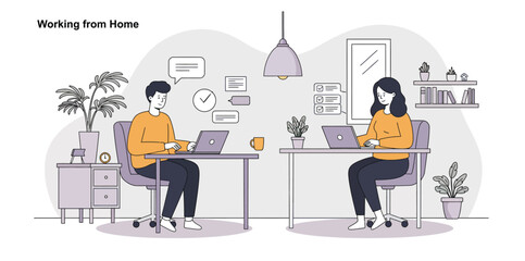 Two people working from home at desks with laptops and plants home office remote work