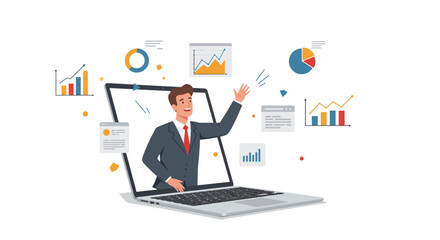 Flat illustration of a man on suit pop out from laptop while doing presentation with infographic floating on air