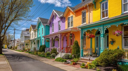 Vibrant Row of Colorful Houses on a Charming Street Evoking Joy and Warmth in a Quaint Neighborhood Scene
