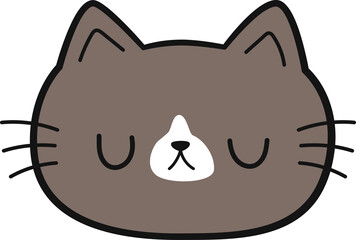 Cute cartoon cat sleeping face, Brown cat face sticker, Flat design kitty head, Hand drawn doodle