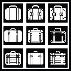 Collection of vintage luggage and suitcases in a grid pattern on a black background