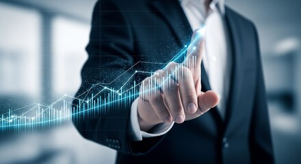Businessman Touching Growth Chart Display, Financial Success, Business Growth, Investment Strategy, Rising Trend, Futuristic Interface, Corporate Development, Positive Outlook Illustration