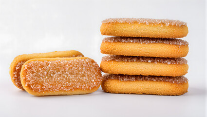 Golden brown sugar coated biscuits stacked neatly, isolated on white background