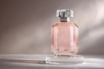 Elegant, light pink perfume bottle on a clear pedestal