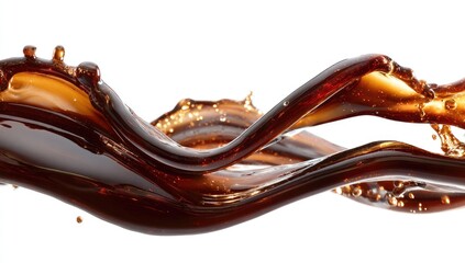 Brown liquid, like coffee or soda, splashes and flows in elegant curves against a white background