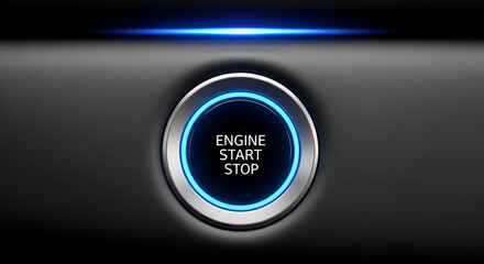 Close-up of a glowing blue "Engine Start Stop" button on a dark gray metallic surface.