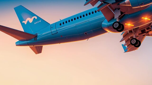 Commercial Airplane Landing with Gear Extended Against Sunset Sky, Showcasing Aviation and Flight Dynamics with City Skyline in Background