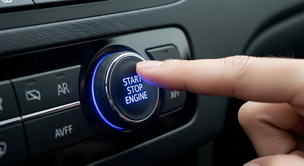 Finger presses illuminated start-stop engine button in modern car interior.
