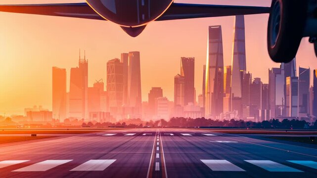Airplane Landing on Runway at Sunset with City Skyline in Background Creating Dramatic and Vibrant Aviation Scene