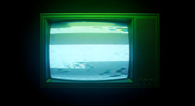 Vintage CRT Television Screen with Analog Static and Green Glow in Dark Room