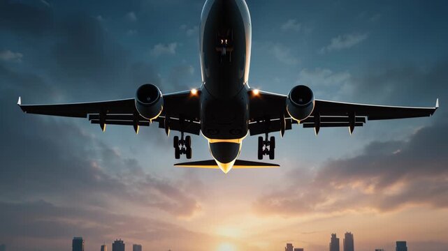 Airplane Landing on Runway at Sunset with City Skyline in Background Creating Dramatic Flight Scene