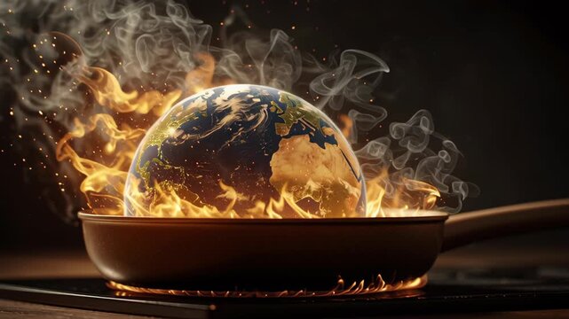 Planet Earth Sizzling in Pan on Stove Surrounded by Flames and Smoke Symbolizing Global Warming and Environmental Crisis