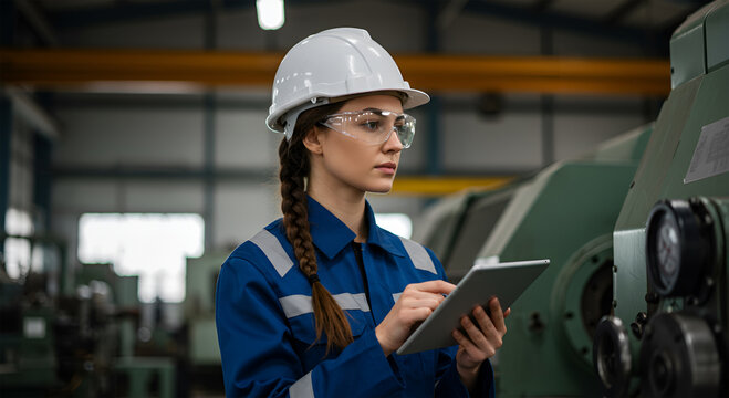 A female engineer in a factory, inspecting machinery with a tablet.
