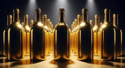 Array of gleaming golden bottles bathed in dramatic spotlights, embodying luxury and prestige