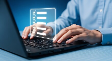 Online Checklist Completion: Person Typing on Laptop with Digital Task List for Efficiency and Productivity Illustration