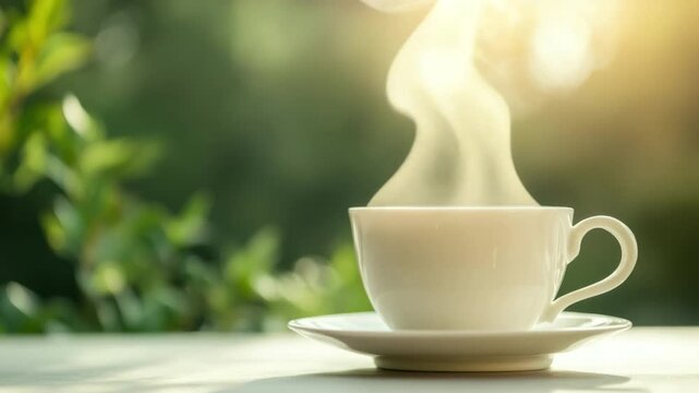 Steaming Hot Coffee Cup with Vapor Rising Against Lush Green Background in a Serene Cozy Setting 4k video footage