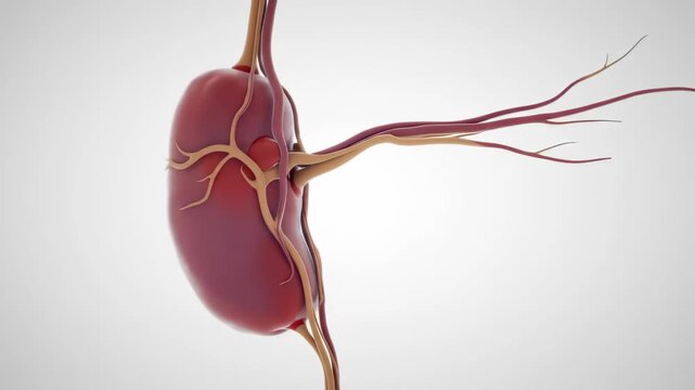 Detailed 3D render of a human spleen with intricate blood vessel structure and smooth surface, concept for medical illustration, anatomical study and educational content.