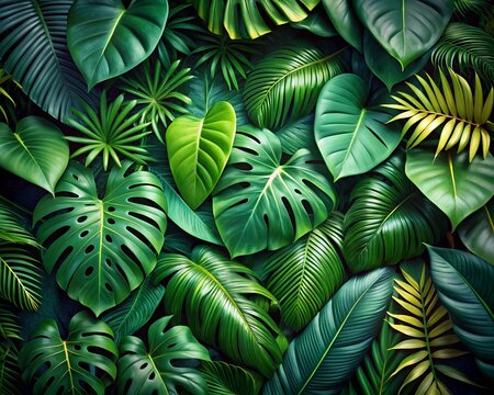 Lush Tropical Leaf Collection: Isolated Dark Green and Yellow Graphics, Vibrant Jungle Foliage,  High-Resolution Botanical Textures.