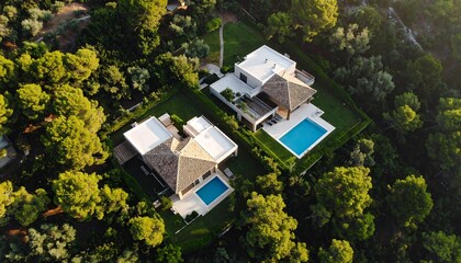 Aerial view of modern villas nestled in lush greenery