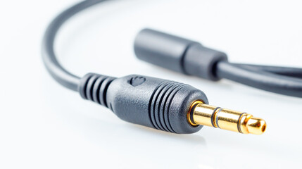 Close-up photo of an audio cable with a male 3.5mm headset jack on a white background, macro photography, studio lighting.