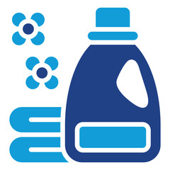 Laundry Detergent Glyph Blue Silhouette Icon Vector Design - Detergent bottle with folded towels and flower scent icons, symbolizing fabric cleaning