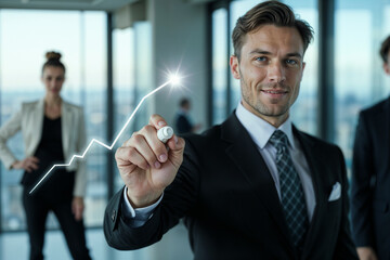 A professional man presents positive growth data to colleagues in a sleek office, using a marker to illustrate an upward trend on a transparent screen while his team engages actively.