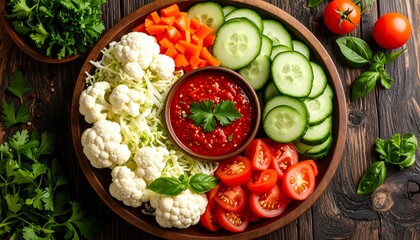 Colorful veggie platter with dipping sauce