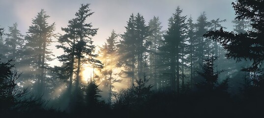 Golden ocean sunrise peeking through misty forest trees wrapped in early morning fog