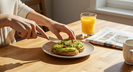 Woman preparing delicious avocado toast with orange juice for a healthy breakfast routine