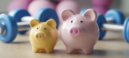 The colorful piggy banks beside dumbbells for financial fitness and wellness.