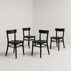 Black wooden chair set with simple design and curved backrest, arranged in bright minimalist room with white walls and floor