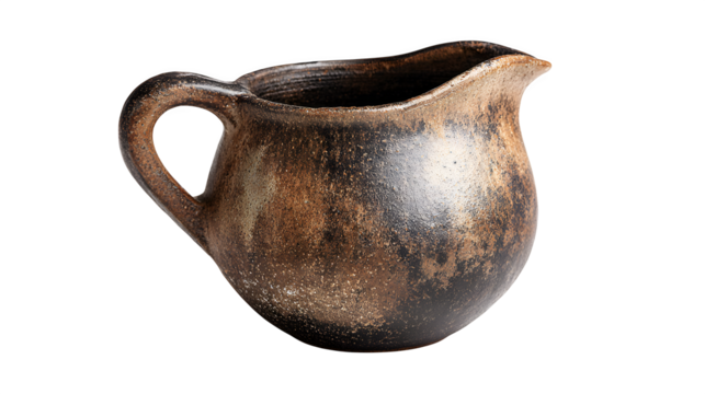 A small, rustic ceramic milk jug, with a slightly irregular rim, perfect for serving cream or as a miniature vase, isolated on a pure Transparent background.