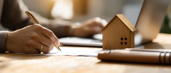 The home model placed next to paperwork during a real estate signing process.